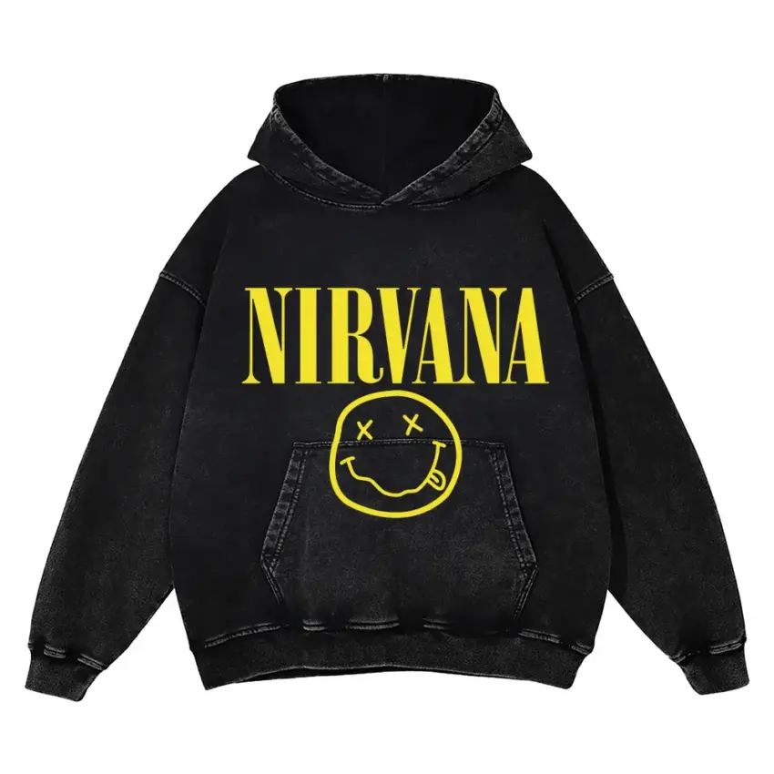 Nirvan Smiley Logo Aicd Wash Oversized Hoodie