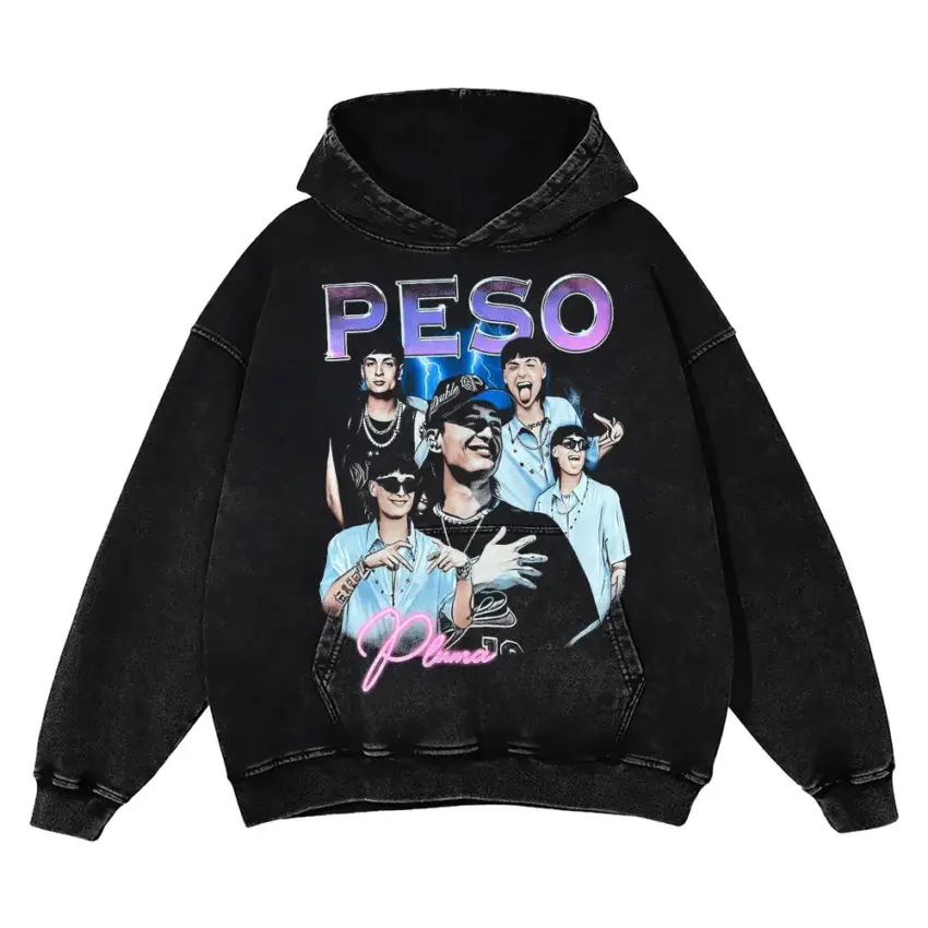 Peso Pluma Blue Hue Collage Aicd Wash Oversized Hoodie