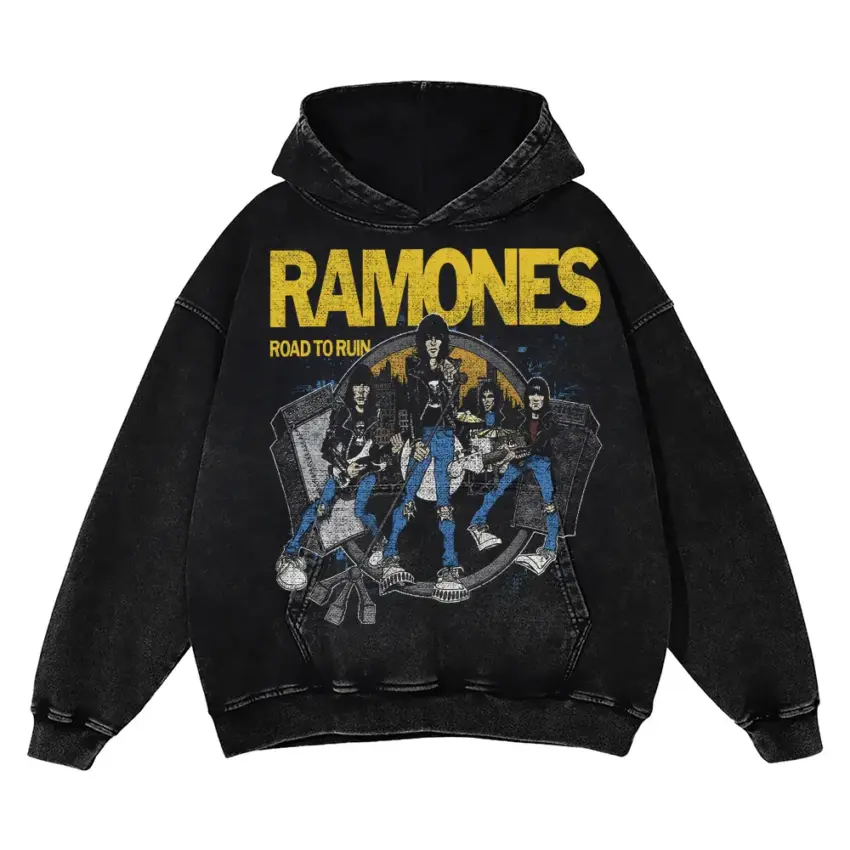 Ramones Road To Ruin Aicd Wash Oversized Hoodie