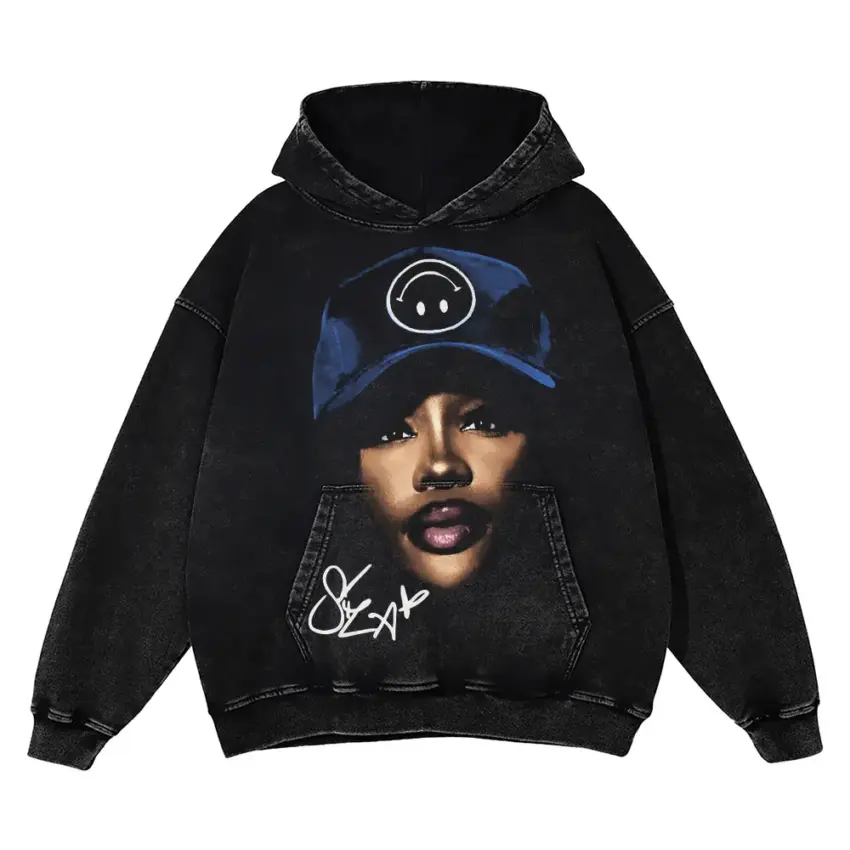 SZA Blue Hat Signature Aicd Wash Oversized Hoodie