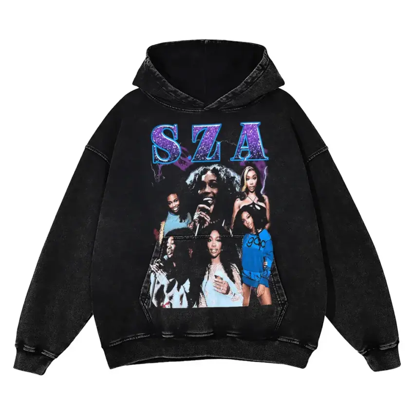 SZA Blue Dream Collage Aicd Wash Oversized Hoodie