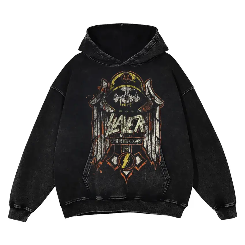 Slayer Hell Awaits Crest Aicd Wash Oversized Hoodie
