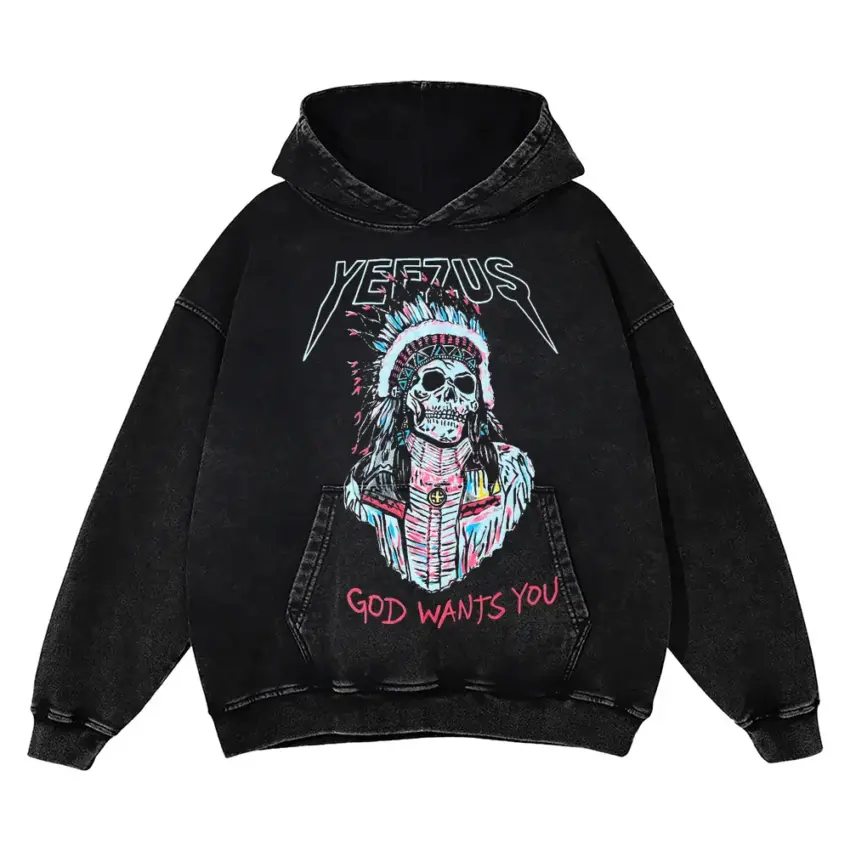 Yeezus Headdress Skull Aicd Wash Oversized Hoodie