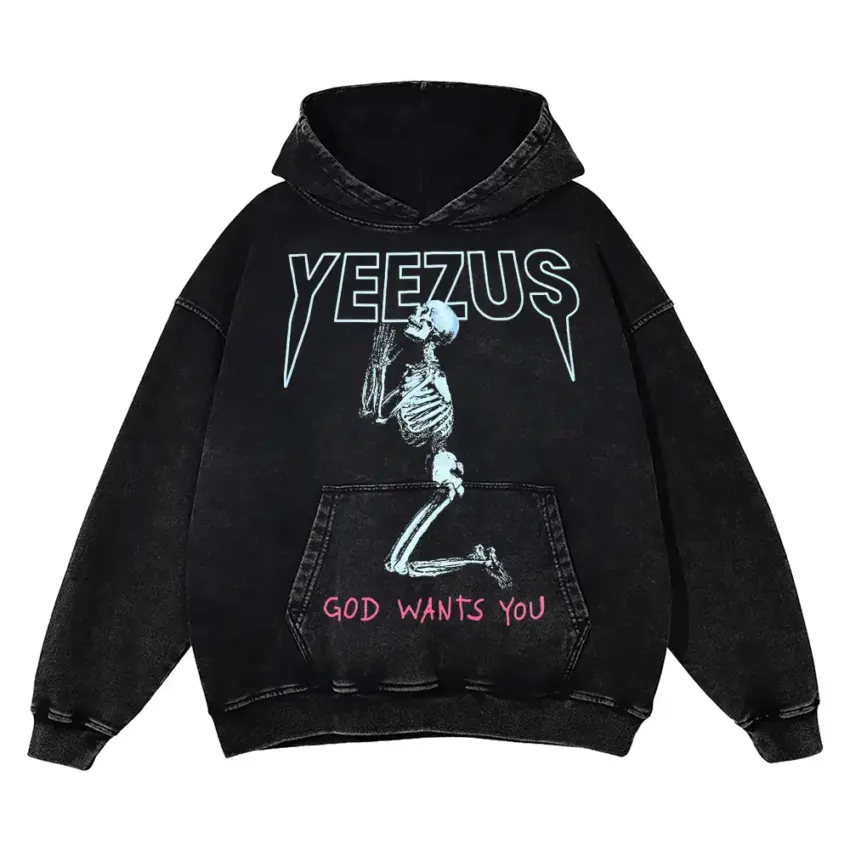 Yeezus Tour Skeleton Aicd Wash Oversized Hoodie