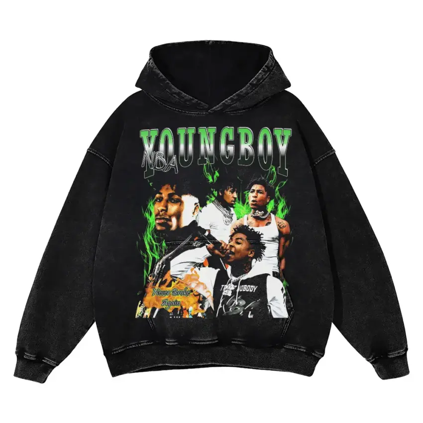 Youngboy Green Flag Collage Aicd Wash Oversized Hoodie