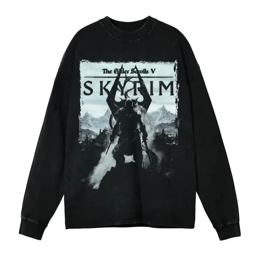 Skyrim The Dragonborn Aicd Wash Oversized Long Sleeve Shirt