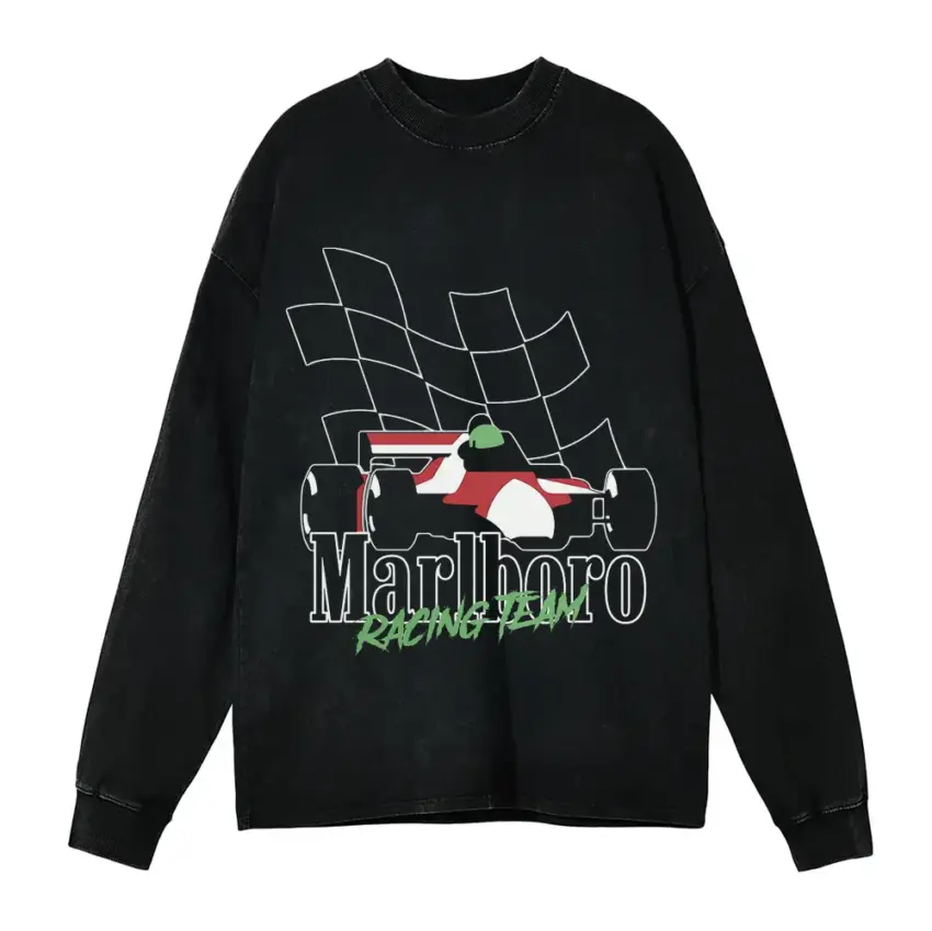 Checkered Flag Finish Aicd Wash Oversized Long Sleeve Shirt