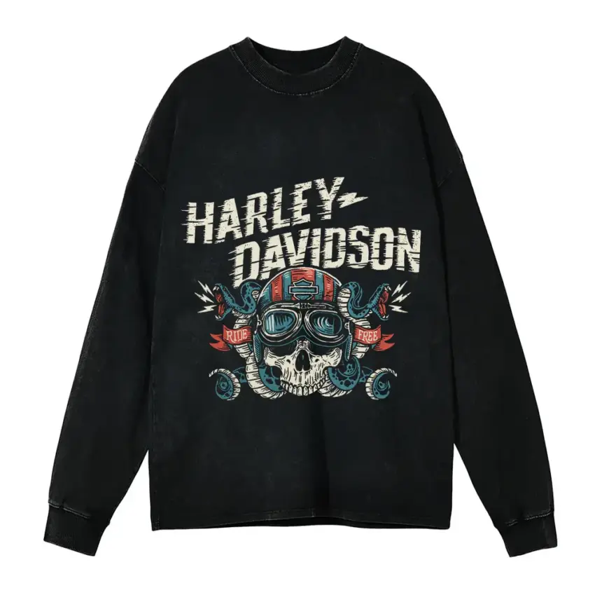 Harley Davidson Skull And Spanners Aicd Wash Oversized Long Sleeve Shirt