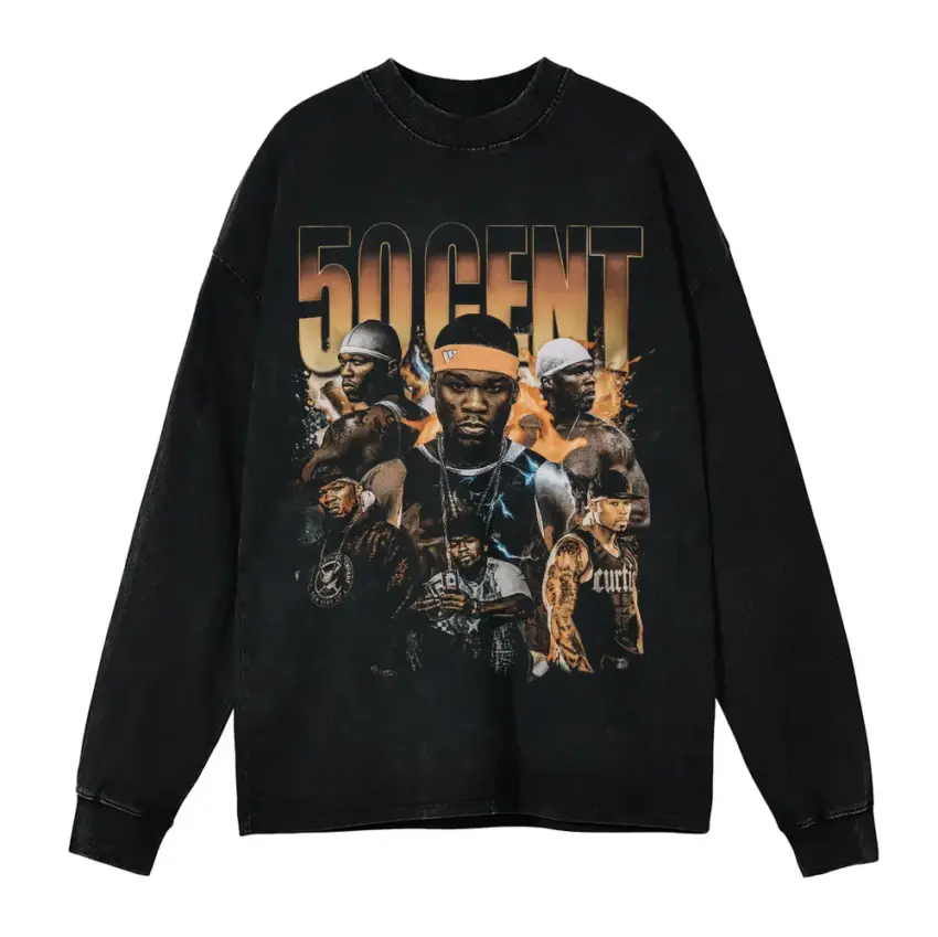 50 Cent Greatest Hits Aicd Wash Oversized Long Sleeve Shirt