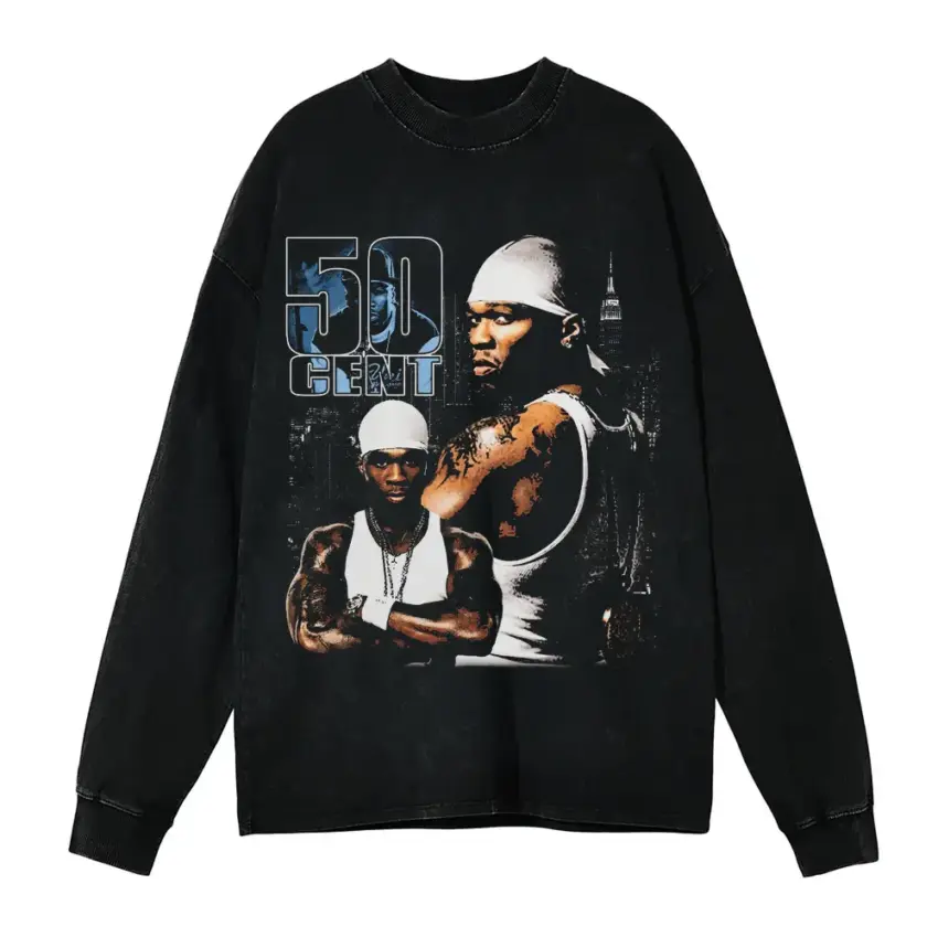 50 Cent Many Men Aicd Wash Oversized Long Sleeve Shirt
