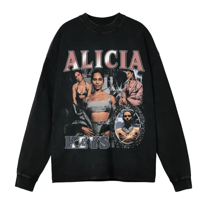 Alicia Keys Collage Aicd Wash Oversized Long Sleeve Shirt