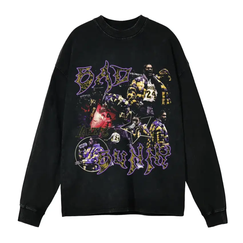 Bad Bunny Lakers Tribute Aicd Wash Oversized Long Sleeve Shirt