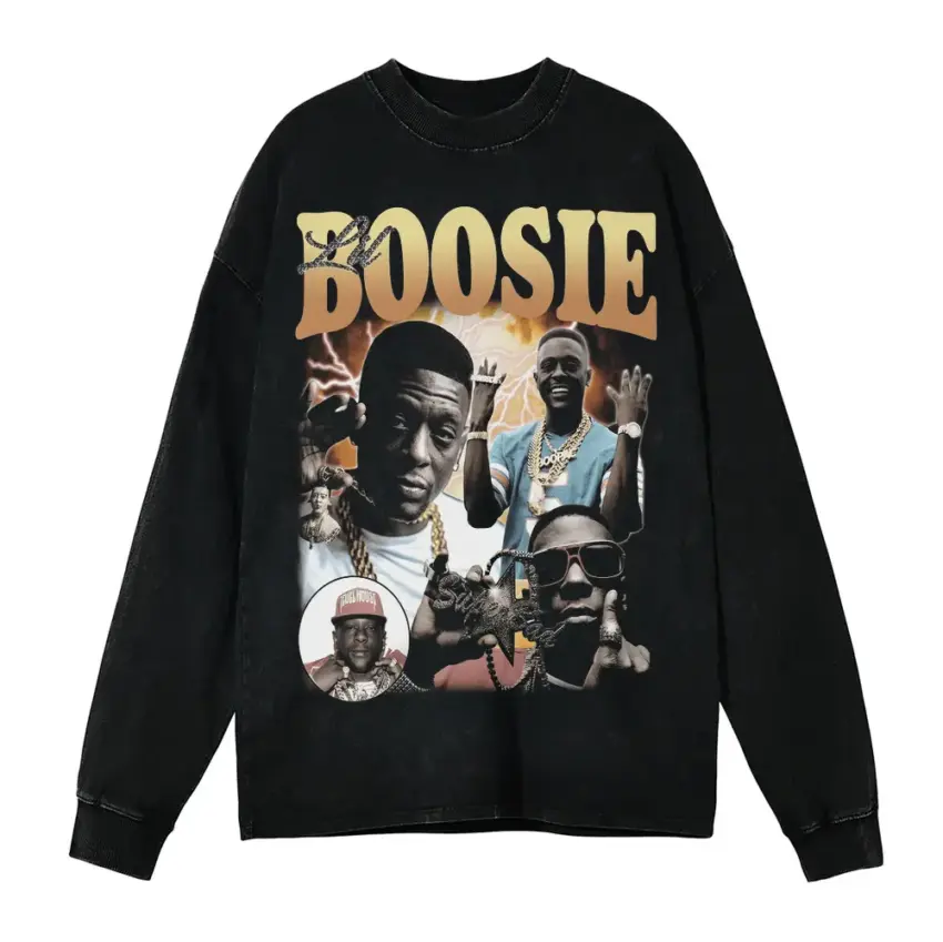 Boosie Badazz Collage Aicd Wash Oversized Long Sleeve Shirt