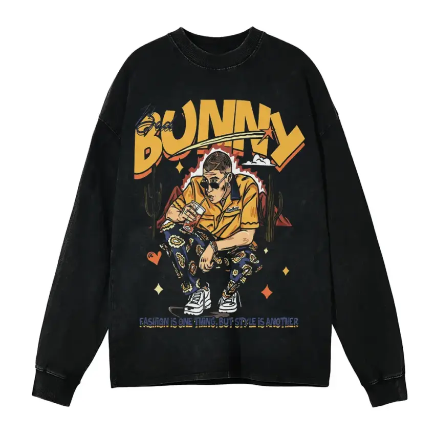 Bunny Graffiti Style Aicd Wash Oversized Long Sleeve Shirt