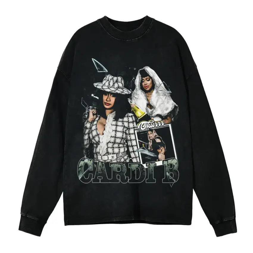Cardi B Collage Aicd Wash Oversized Long Sleeve Shirt