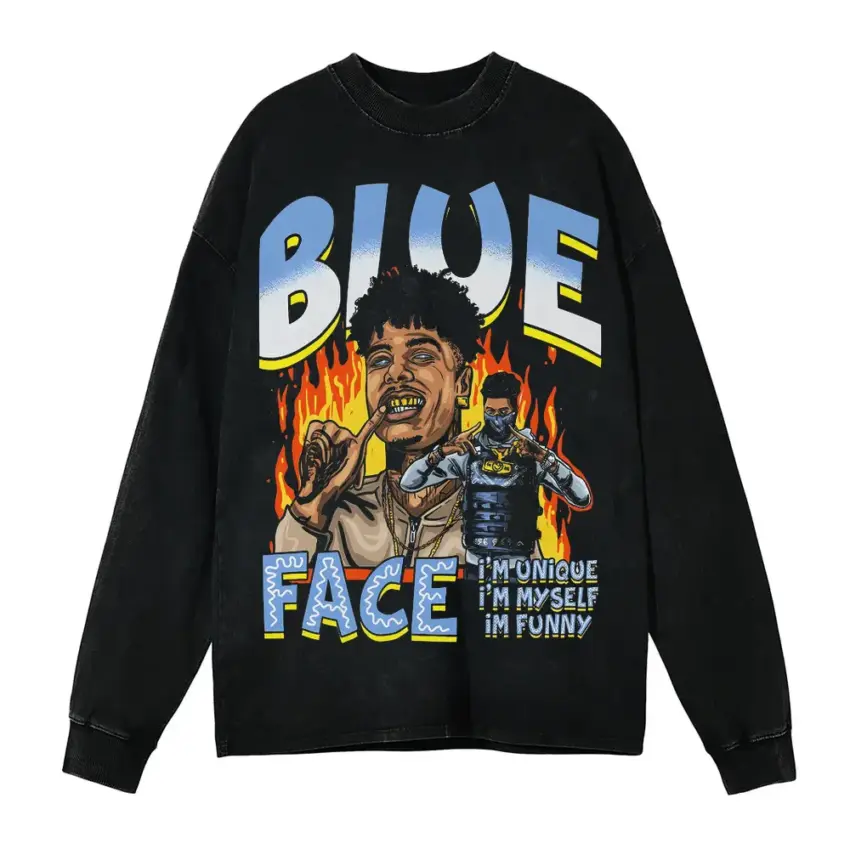 Choppa Blue Face Aicd Wash Oversized Long Sleeve Shirt