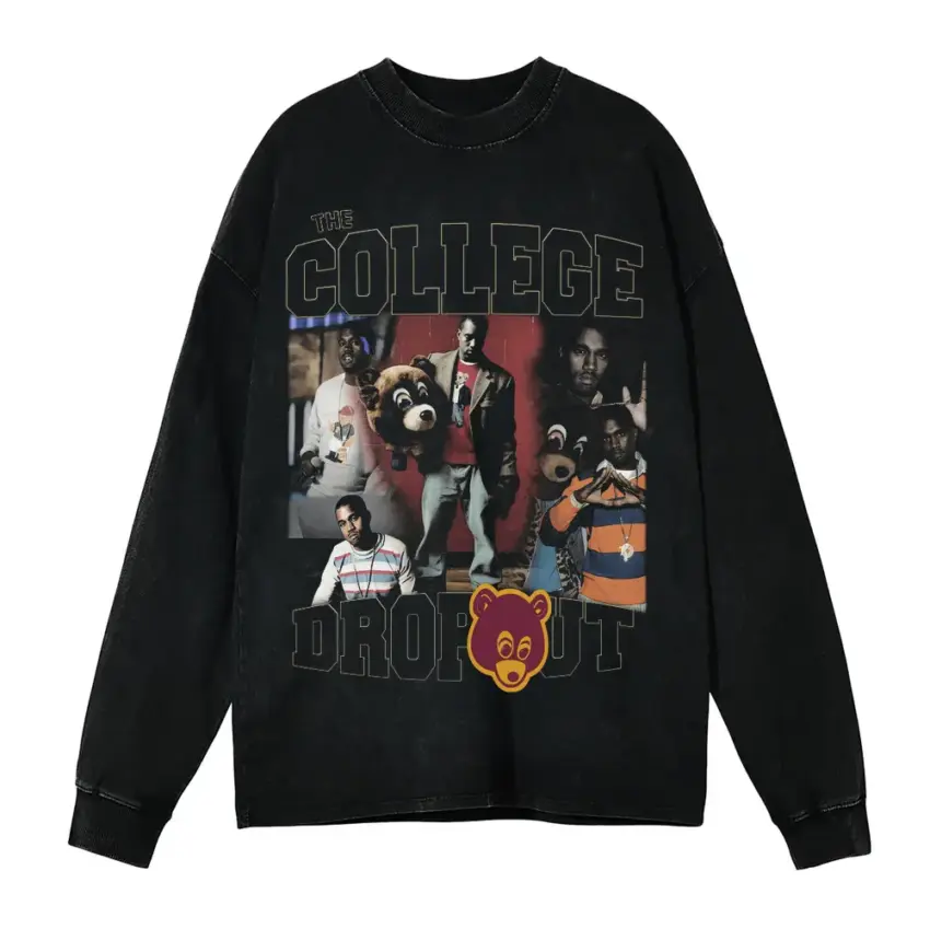 College Dropout Bear Aicd Wash Oversized Long Sleeve Shirt