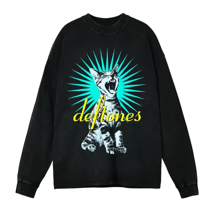 Deftones Laser Cat Aicd Wash Oversized Long Sleeve Shirt
