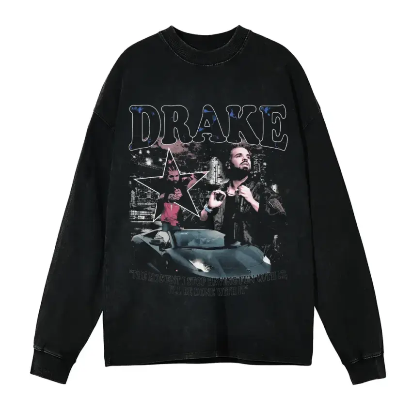 Drake Car Collage Aicd Wash Oversized Long Sleeve Shirt
