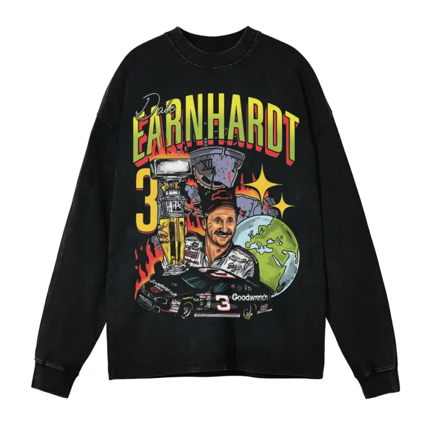 Earnhardt Legend Number Three Aicd Wash Oversized Long Sleeve Shirt
