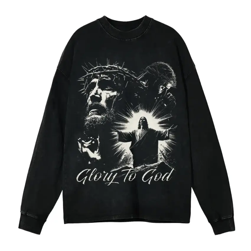 Glory To God Aicd Wash Oversized Long Sleeve Shirt