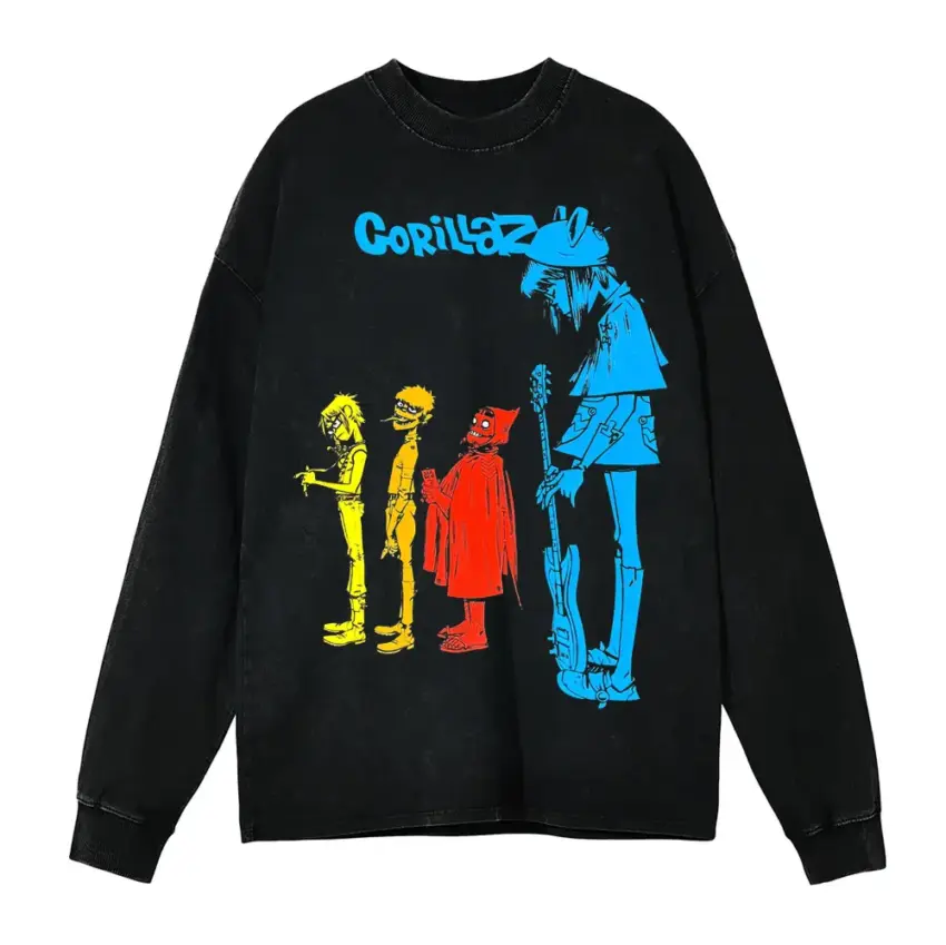 Gorillaz Silhouette Lineup Aicd Wash Oversized Long Sleeve Shirt