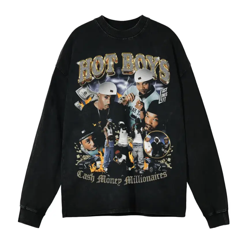Hot Boys Cash Money Millionaires Aicd Wash Oversized Long Sleeve Shirt
