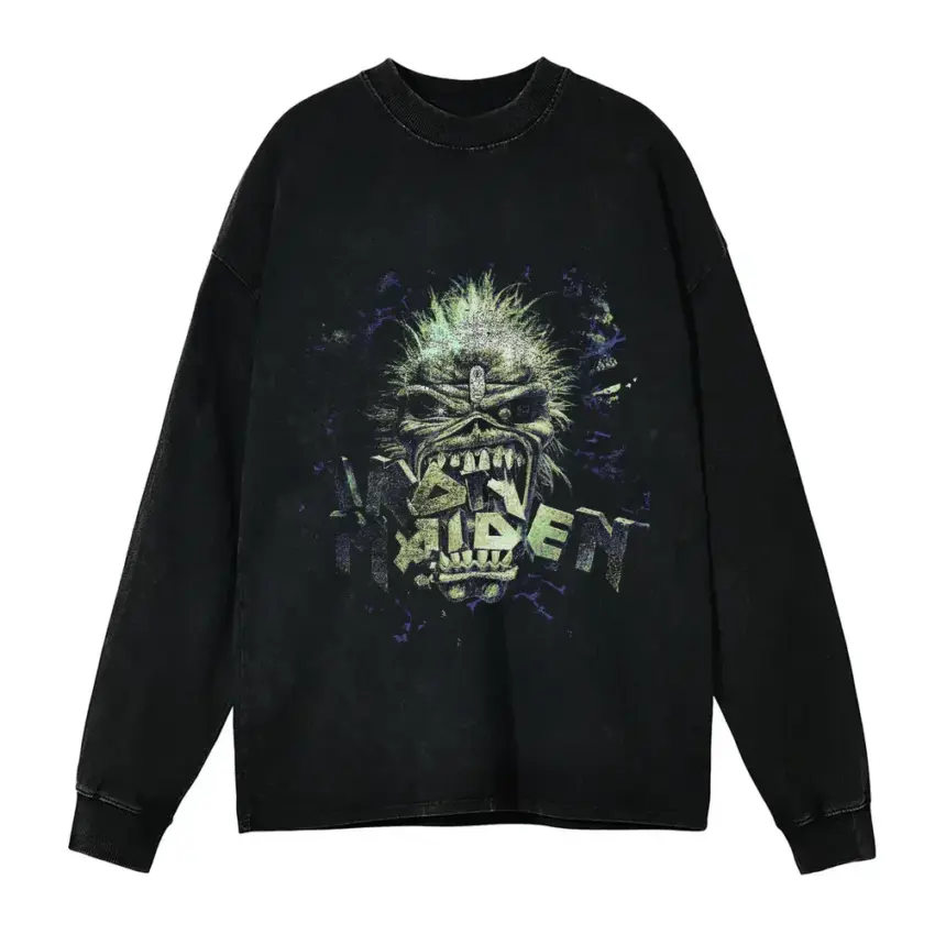Iron Maiden Eddie Head Aicd Wash Oversized Long Sleeve Shirt