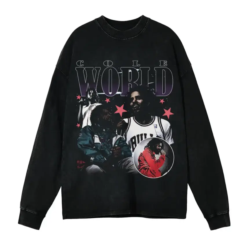 J Cole Cole World Jersey Aicd Wash Oversized Long Sleeve Shirt