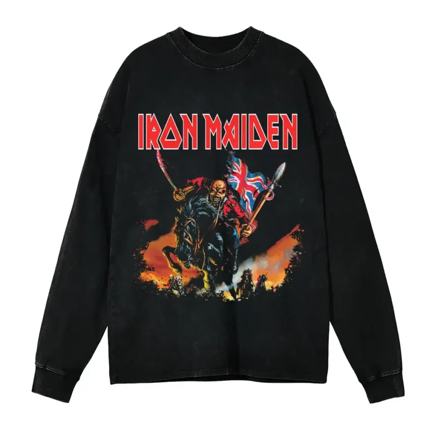 Iron Maiden The Trooper Art Aicd Wash Oversized Long Sleeve Shirt
