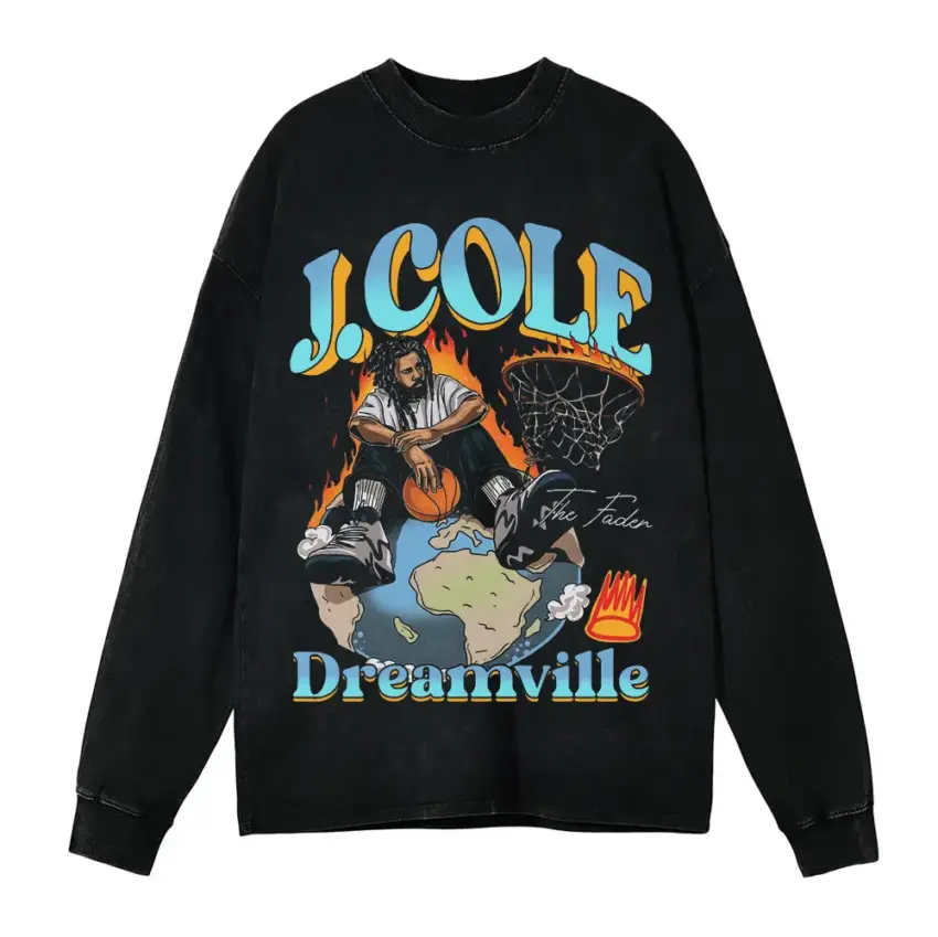 J Cole Dreamville Tribute Aicd Wash Oversized Long Sleeve Shirt
