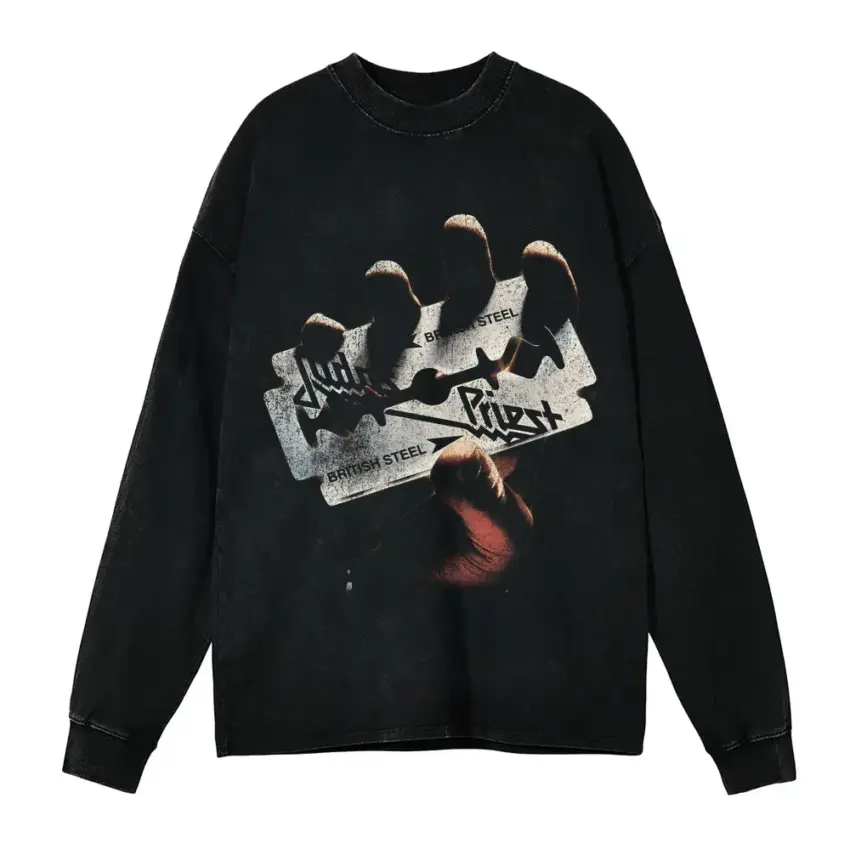 Judas Priest British Steel Aicd Wash Oversized Long Sleeve Shirt