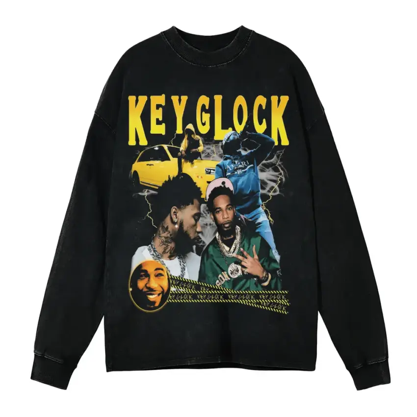 Key Glock Yellow Tape Aicd Wash Oversized Long Sleeve Shirt