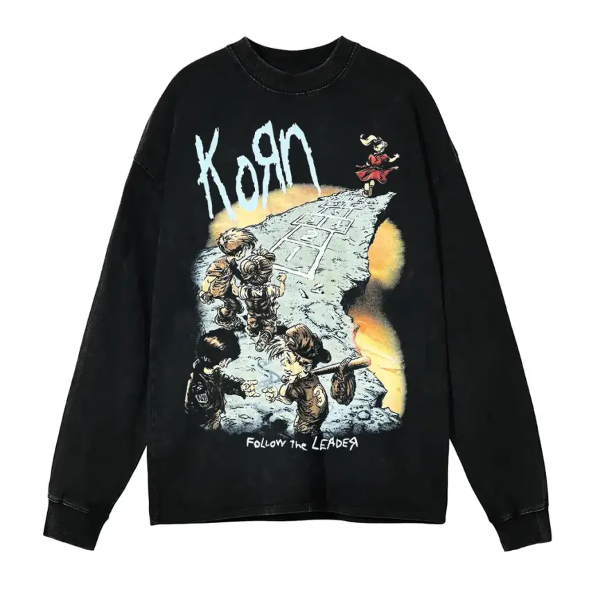 Korn Vintage Rock Tee Aicd Wash Oversized Long Sleeve Shirt