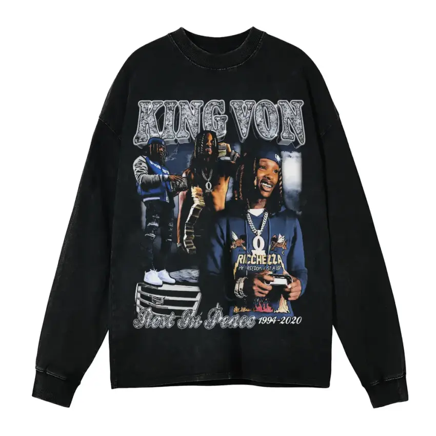 King Von What It Means To Be King Aicd Wash Oversized Long Sleeve Shirt