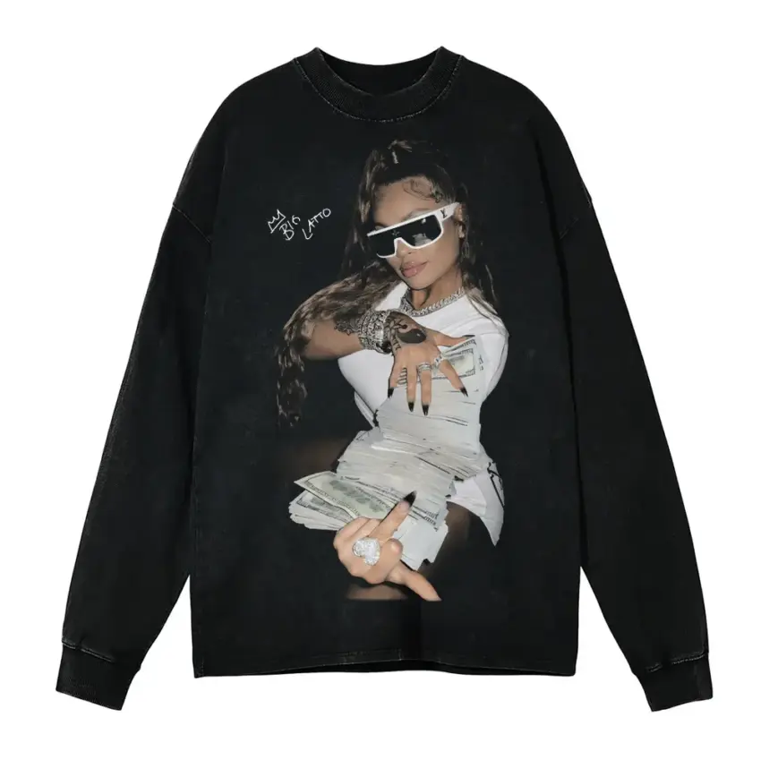 Latto Queen Of Da Souf Pose Aicd Wash Oversized Long Sleeve Shirt