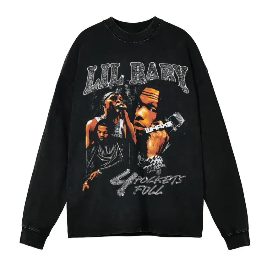 Lil Baby Four Pockets Full Aicd Wash Oversized Long Sleeve Shirt