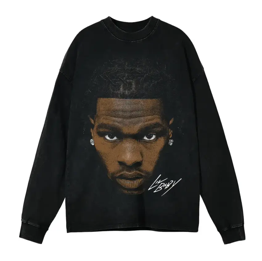 Lil Baby Drip Too Hard Aicd Wash Oversized Long Sleeve Shirt