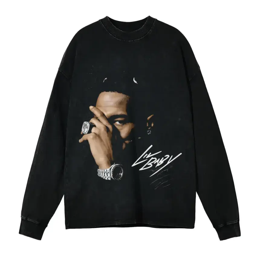 Lil Baby Pensive Portrait Aicd Wash Oversized Long Sleeve Shirt