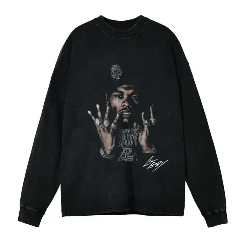 Lil Baby Signature Portrait Aicd Wash Oversized Long Sleeve Shirt