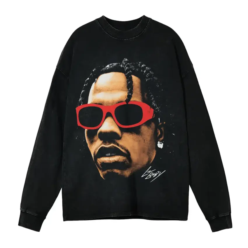 Lil Baby Red Shades Aicd Wash Oversized Long Sleeve Shirt