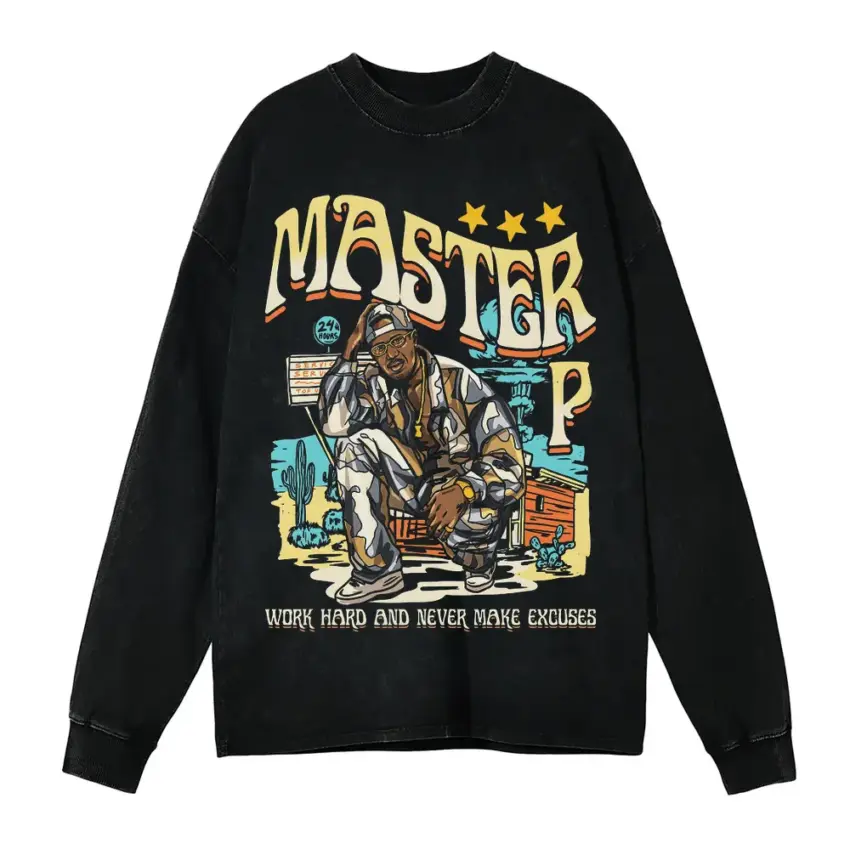 Master P Work Hard Aicd Wash Oversized Long Sleeve Shirt
