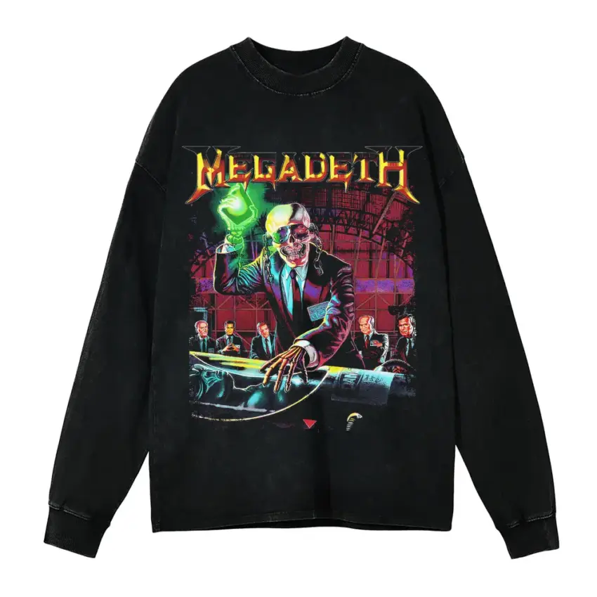 Megadeth Vic Rattlehead Aicd Wash Oversized Long Sleeve Shirt