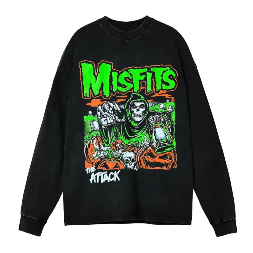 Misfits Green Attack Aicd Wash Oversized Long Sleeve Shirt