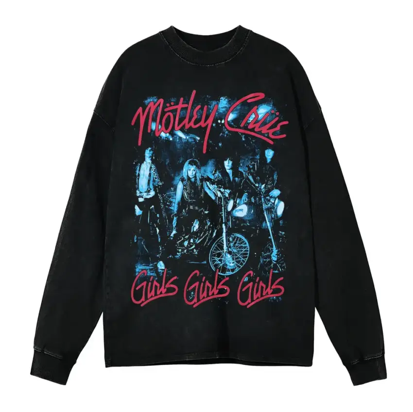 Motley Crue Girls Girls Girls Aicd Wash Oversized Long Sleeve Shirt