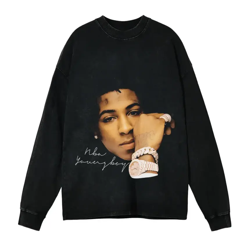 NBA Youngboy Signature Portrait Aicd Wash Oversized Long Sleeve Shirt