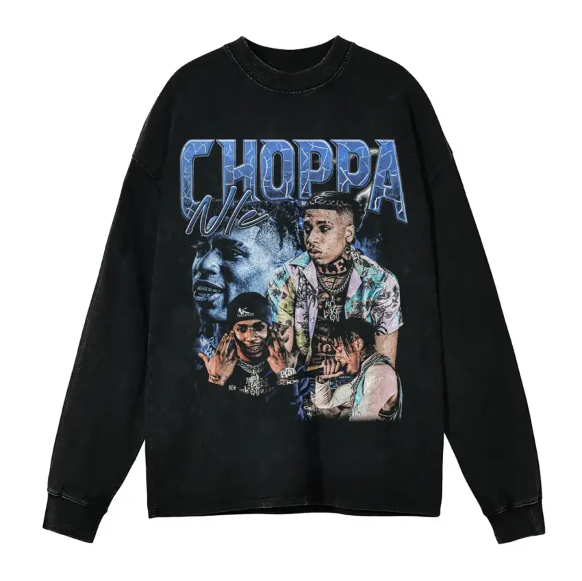 NLE Choppa Top Shotta Aicd Wash Oversized Long Sleeve Shirt