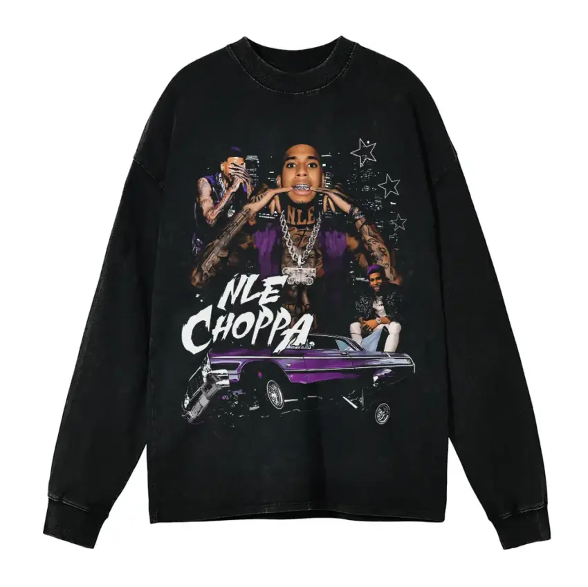 NLE Choppa Shotta Flow Aicd Wash Oversized Long Sleeve Shirt
