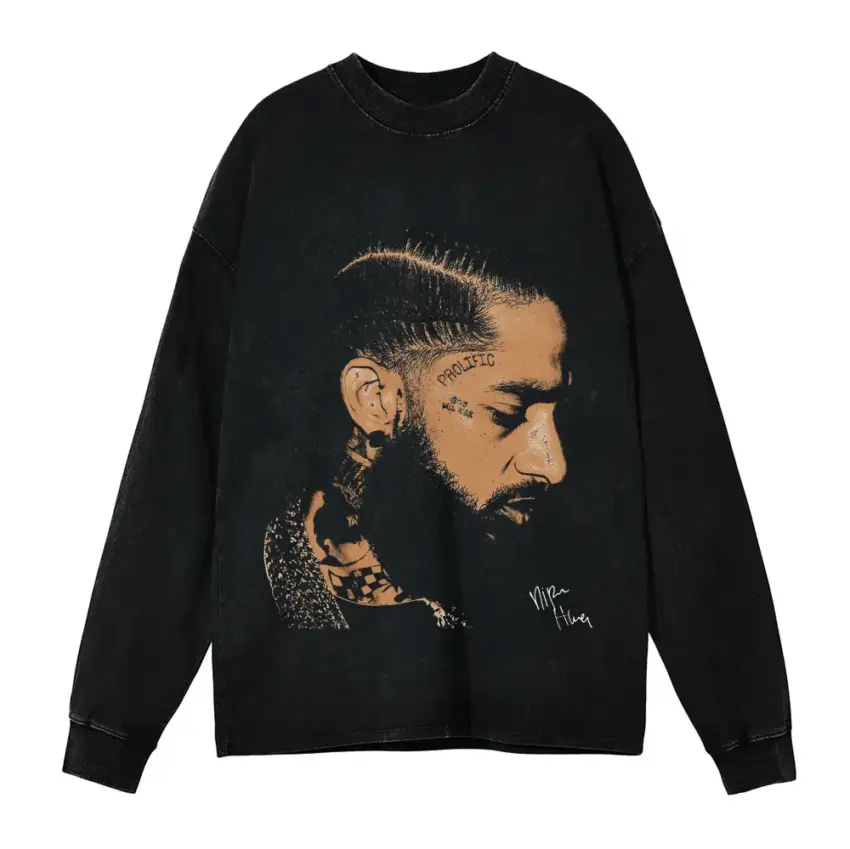 Nipsey Hussle Profile Portrait Aicd Wash Oversized Long Sleeve Shirt