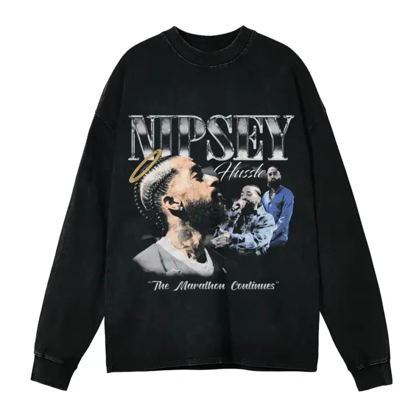 Nipsey The Marathon Continues Aicd Wash Oversized Long Sleeve Shirt